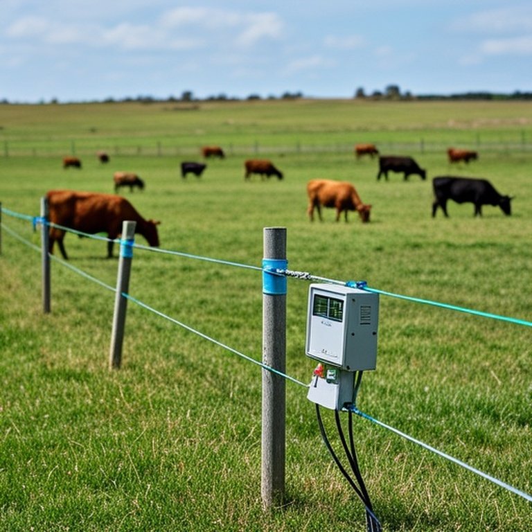 Realistic pastoral farm with electric fencing and grazing cattle, emphasizing rotational grazing infrastructure