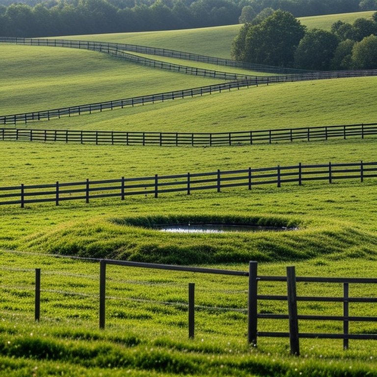 Wide-angle realistic pastoral farm with rotational grazing paddocks and terrain-aligned fencing for efficient grazing management
