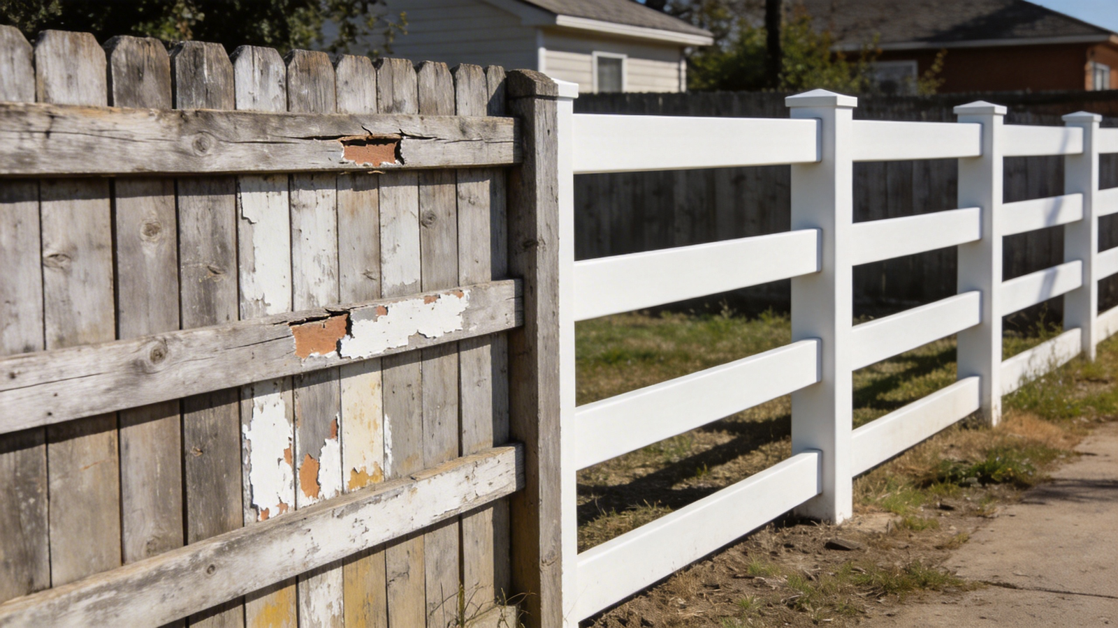 PVC vs Wood Fencing Comparison: Maintenance and Durability Side-by-side comparison of PVC fencing and weathered wood fencing showing maintenance differences and durability in a residential setting