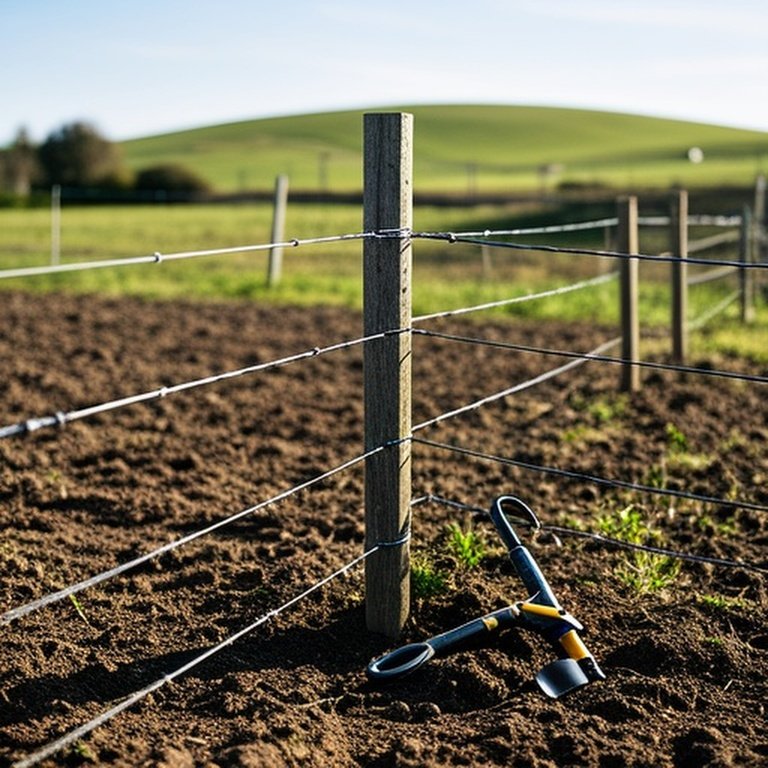Partially installed DIY farm fence in sunny agricultural field, showcasing structural installation techniques for durable fencing Partially installed DIY farm fence in sunny agricultural field, showcasing structural installation techniques for durable fencing