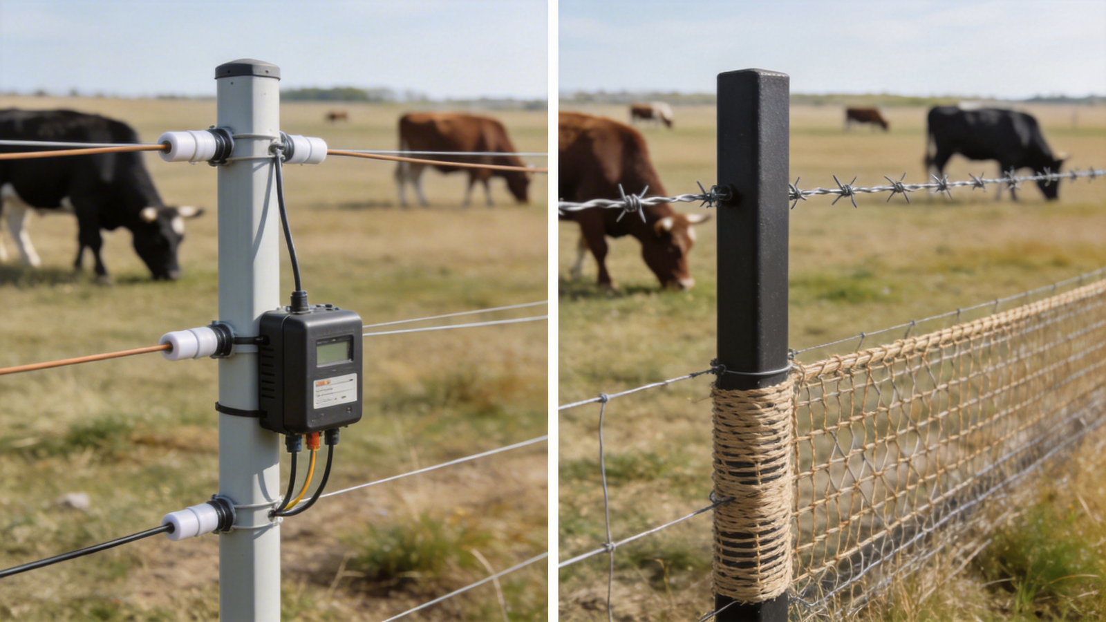 Electric vs. Traditional Livestock Fencing in Farm Pasture Side-by-side comparison of electric livestock fencing and traditional wire fencing in a pasture with grazing cattle, illustrating structural differences for agricultural use