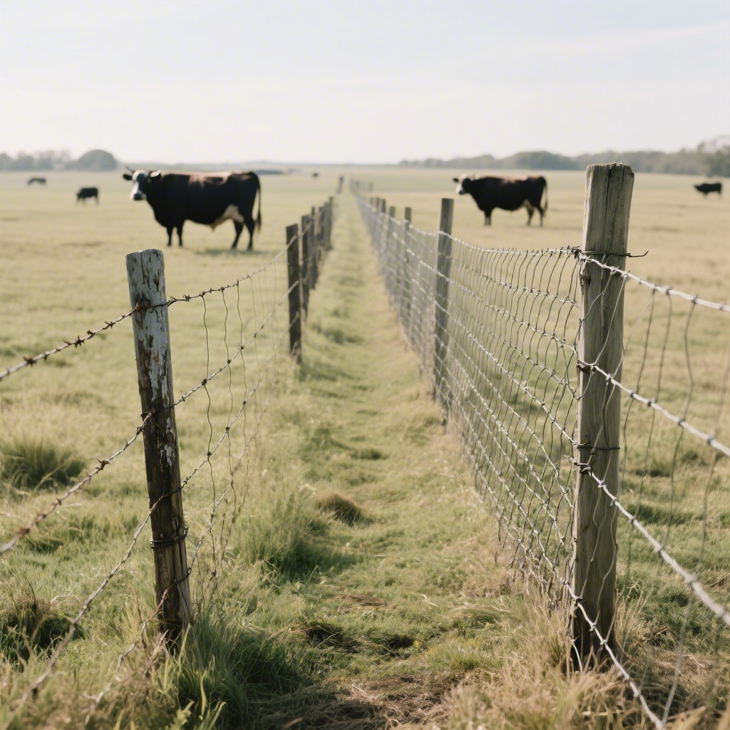 乡村牧场中对比展示带刺铁丝网与编织铁丝网的围栏场景，背景有成年牛，体现畜牧围栏的耐用性与结构差异
