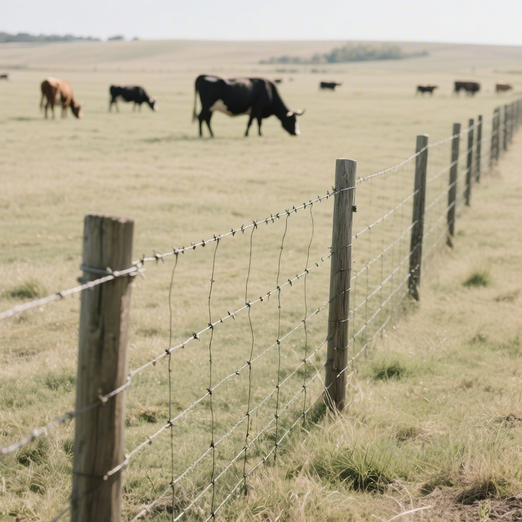 农业场景中用于大规模 livestock 养殖的低成本实用带刺铁丝网围栏(背景有牛 grazing) 农业场景中用于大规模 livestock 养殖的低成本实用带刺铁丝网围栏(背景有牛 grazing)