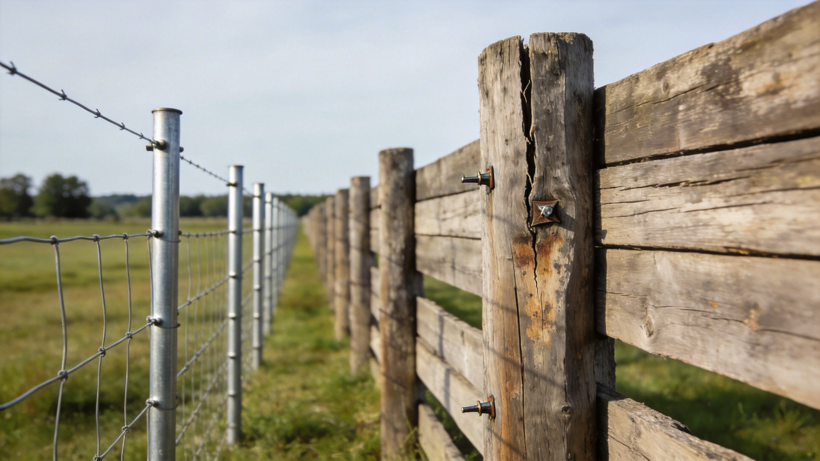 Comparison of wooden and metal wire livestock fences for cost, durability, and maintenance analysis Side-by-side rural comparison of wooden and metal wire livestock fences illustrating durability and maintenance differences in open pasture