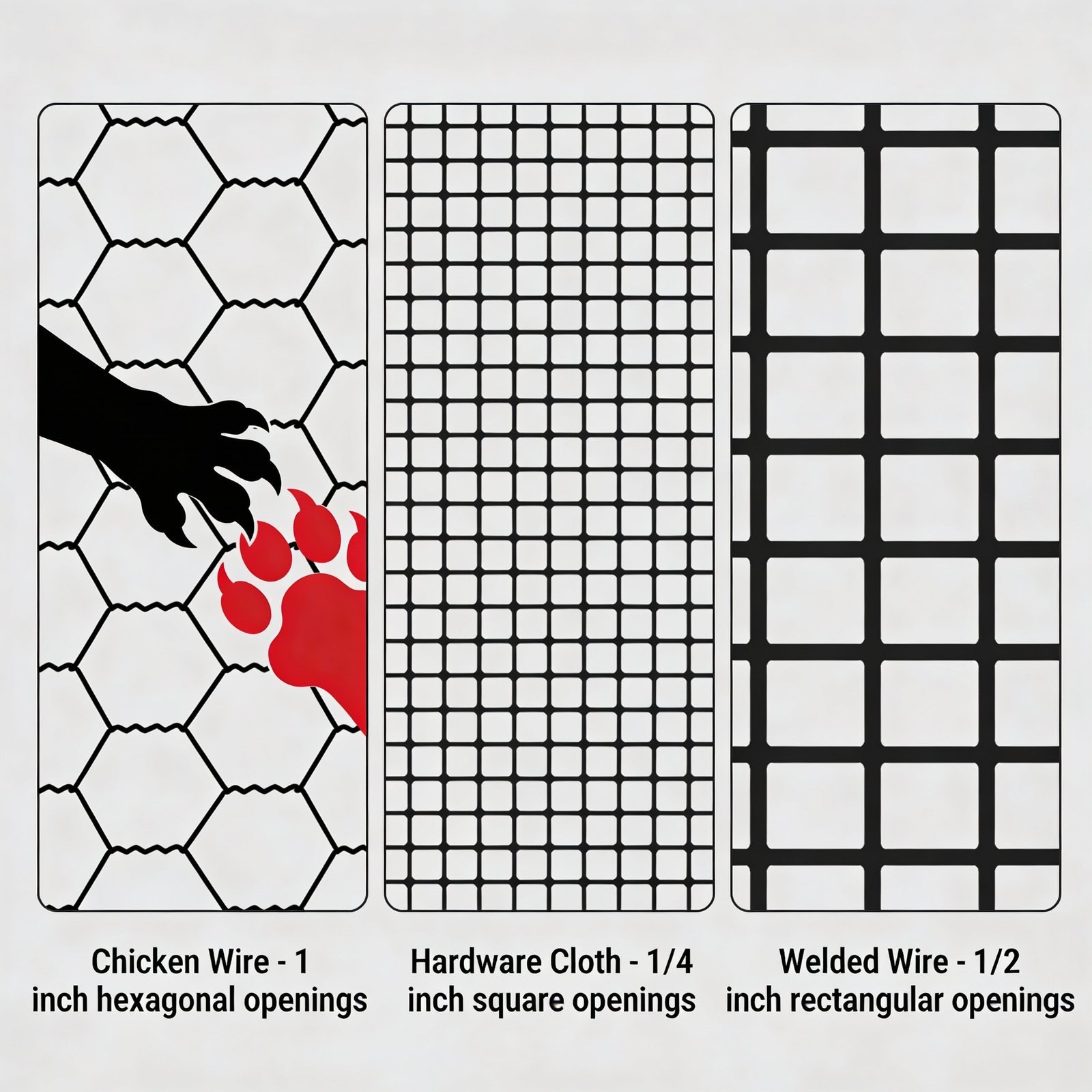 Comparison of chicken wire, hardware cloth, and welded wire mesh