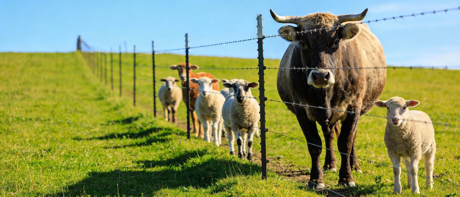 Mixed livestock behind a standard-height fence demonstrating containment for multiple species