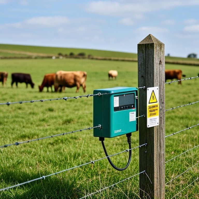 Realistic documentary-style photograph of a well-maintained electric fence in a rural agricultural setting, featuring wooden posts, taut wires, a certified energizer, warning signs, green pastures with grazing cattle, and proper installation emphasizing safety and compliance