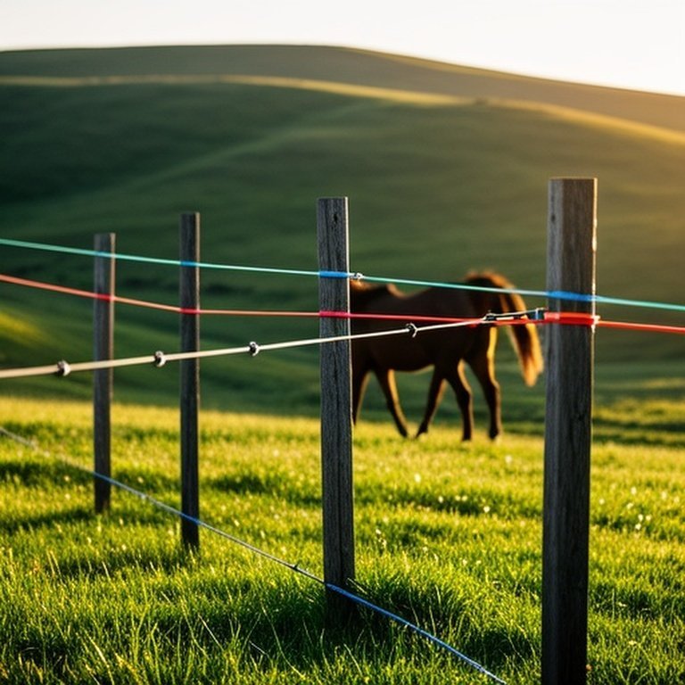 Realistic documentary photograph of a sunlit grassy pasture with a well-maintained electric horse fence system (bright visibility tape, wooden posts), a mature horse stepping away post-deterrent shock, showcasing safe containment via visibility/spacing