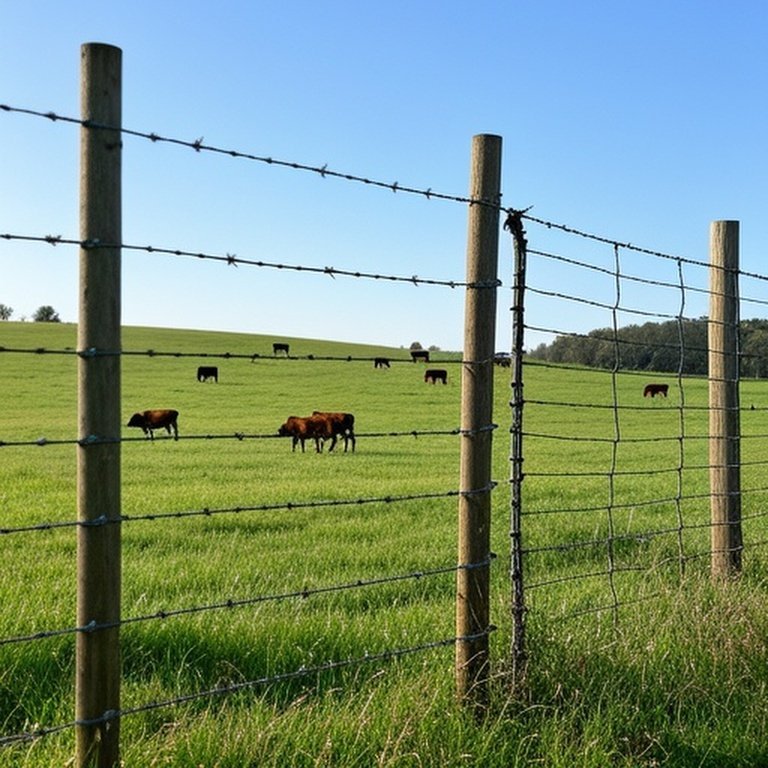 Split agricultural pasture with barbed wire and woven wire fences for different livestock containment needs Split agricultural pasture with barbed wire and woven wire fences for different livestock containment needs