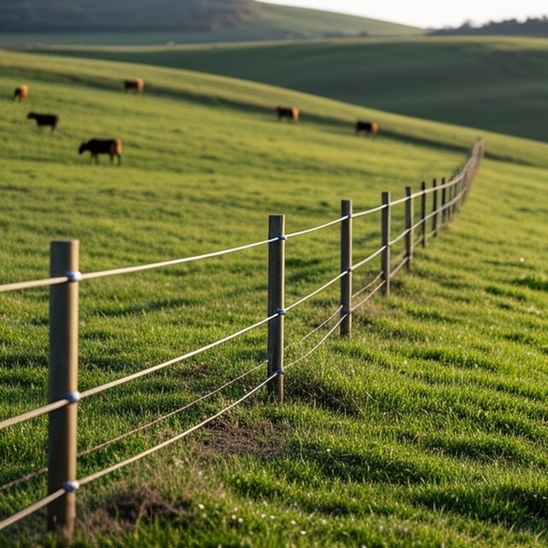 Realistic documentary photograph of a gently sloping pasture with flexible fencing installed along natural contour lines, demonstrating adaptability to uneven terrain