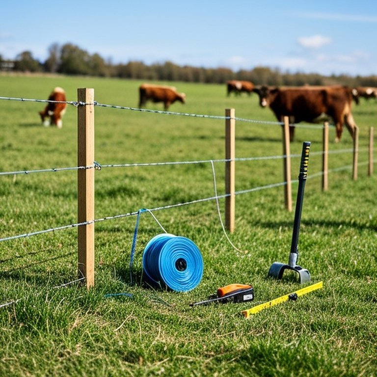 DIY electric fence system on flat grassy pasture