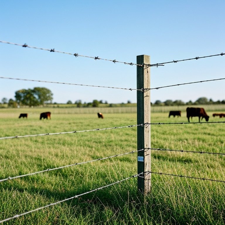 Multi-strand high-tensile electric perimeter fence for cattle containment in rural farm field