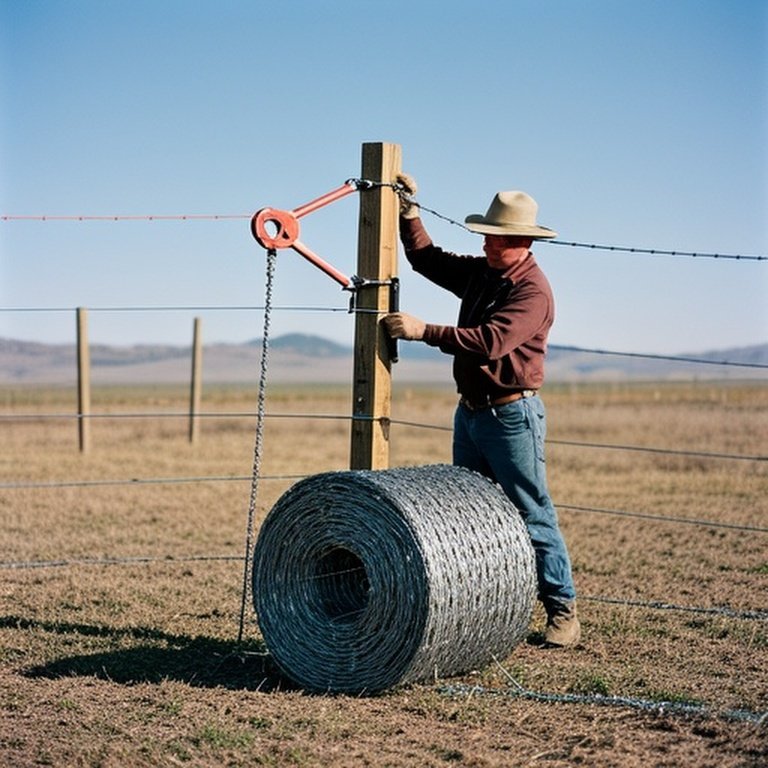 Solo individual installing light-weight woven wire farm fence with tools in open rural field on sunny day