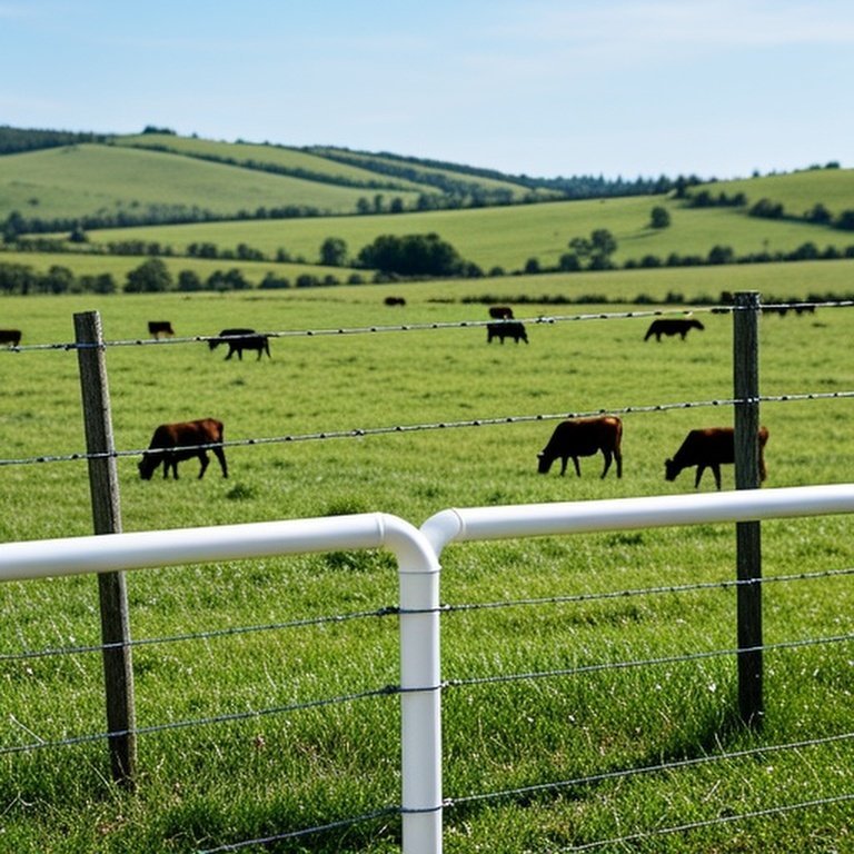 Open pasture with wire fencing and grazing cattle, illustrating agricultural fencing contrast