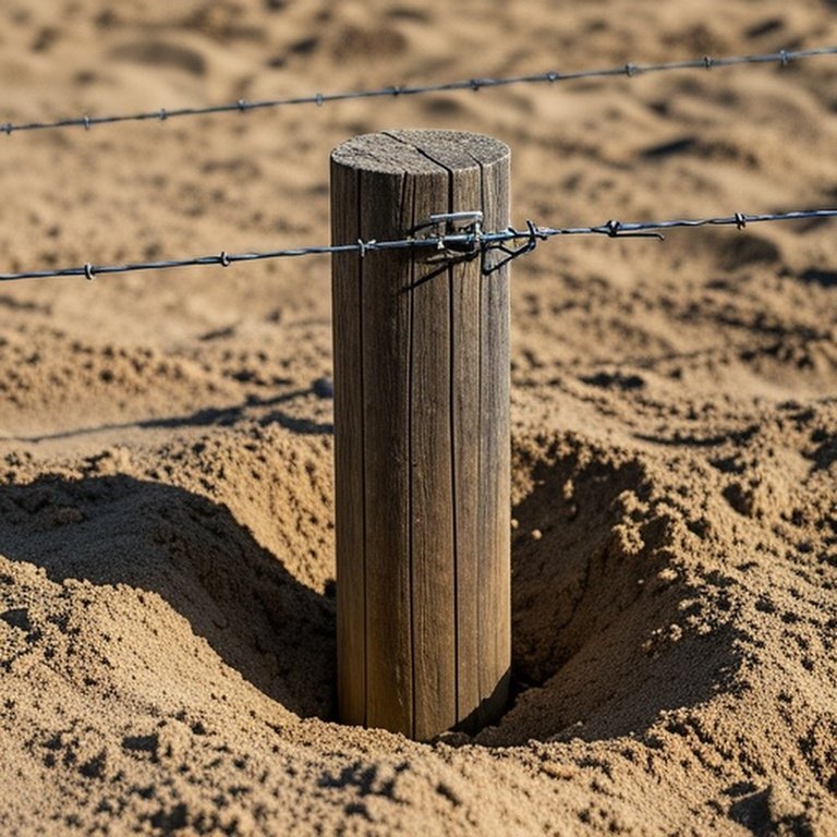 Realistic documentary-style photograph of a deep wooden fence post installed in loose sandy soil, demonstrating proper compaction technique in a rural agricultural landscape