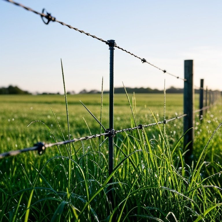 Single-strand electric fence in grassy pasture with tall wet weeds