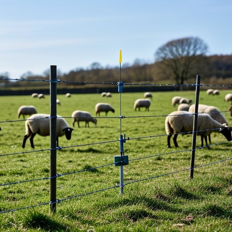 Realistic photograph of a well-maintained electric fence system in a sunny pasture with healthy sheep grazing, demonstrating safe operation and animal welfare