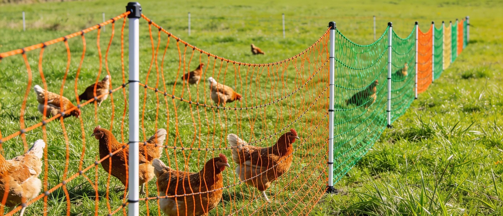 Portable poultry fencing with chickens in pasture