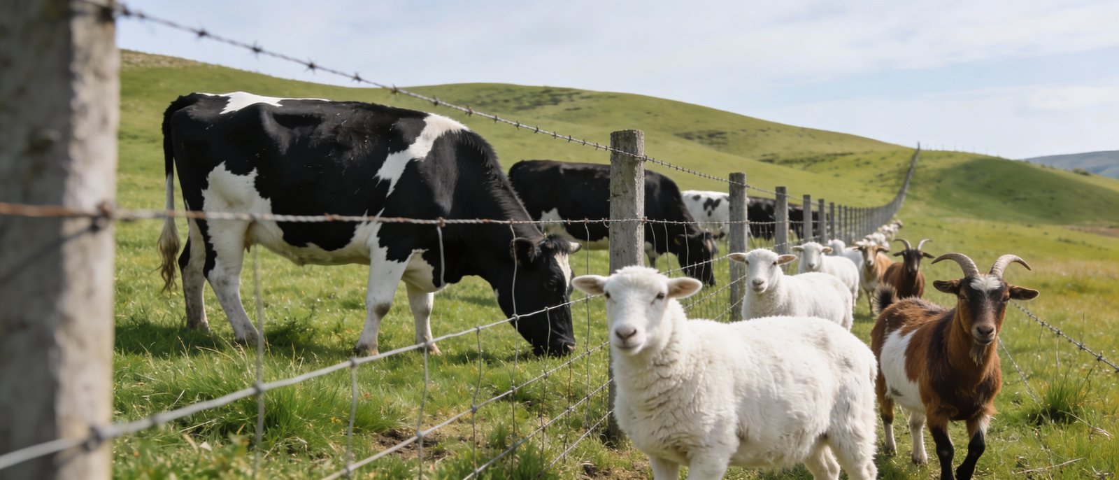 Mixed livestock contained by shared fence system on working farm