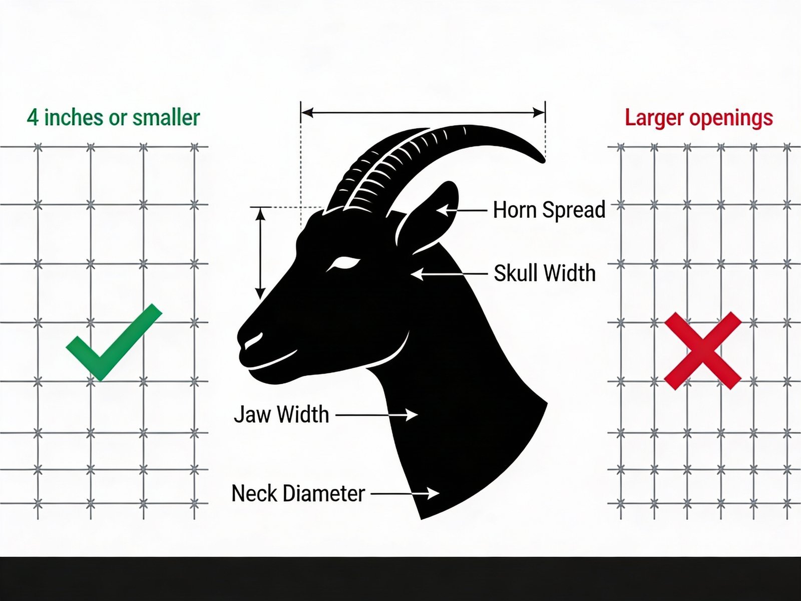 Technical diagram of goat head dimensions and fence spacing
