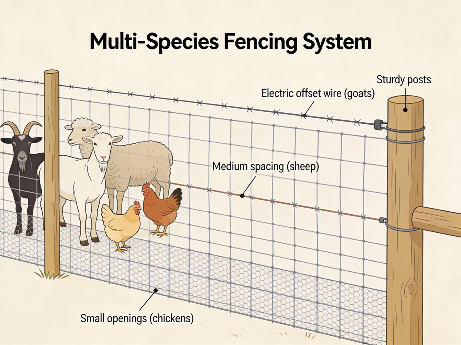 Multi-species fencing for goats, sheep, and chickens
