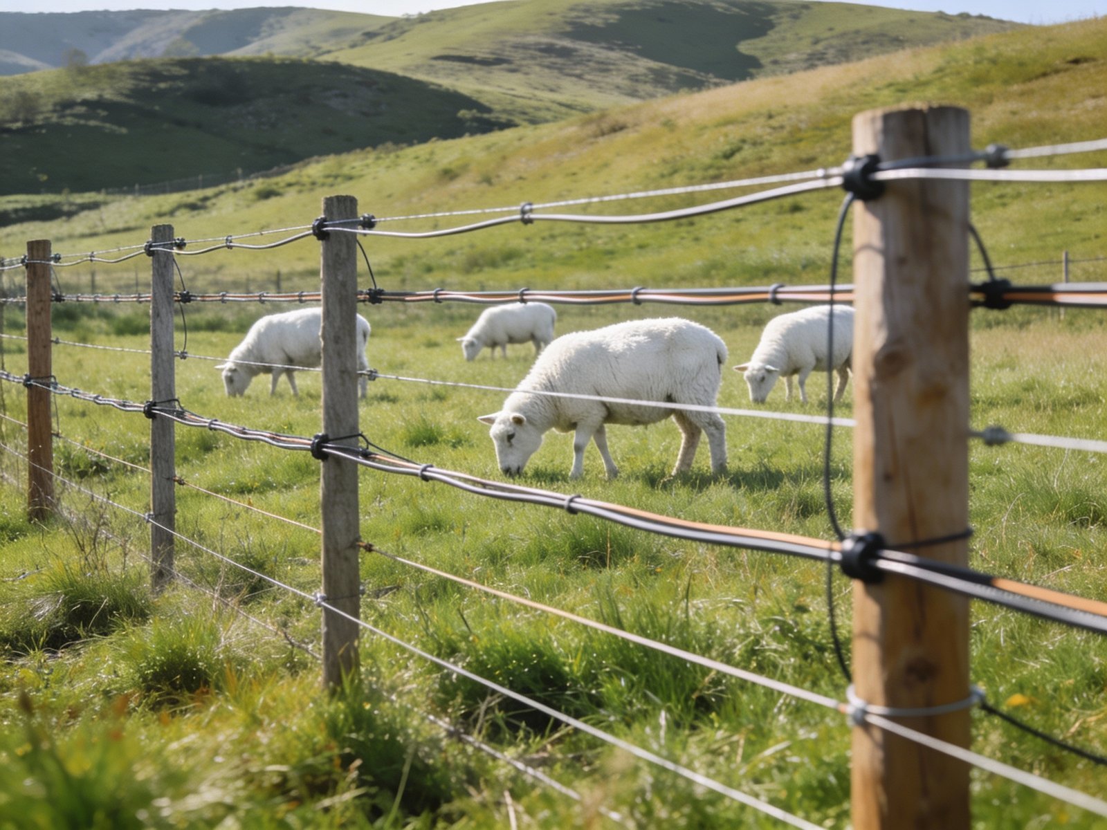Sheep grazing behind electric fencing in pasture