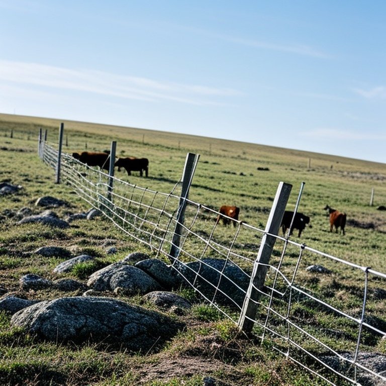Realistic rural farm scene with uneven terrain, sagging wire fence, and cattle, illustrating challenges in agricultural fencing construction and budgeting Realistic rural farm scene with uneven terrain, sagging wire fence, and cattle, illustrating challenges in agricultural fencing construction and budgeting