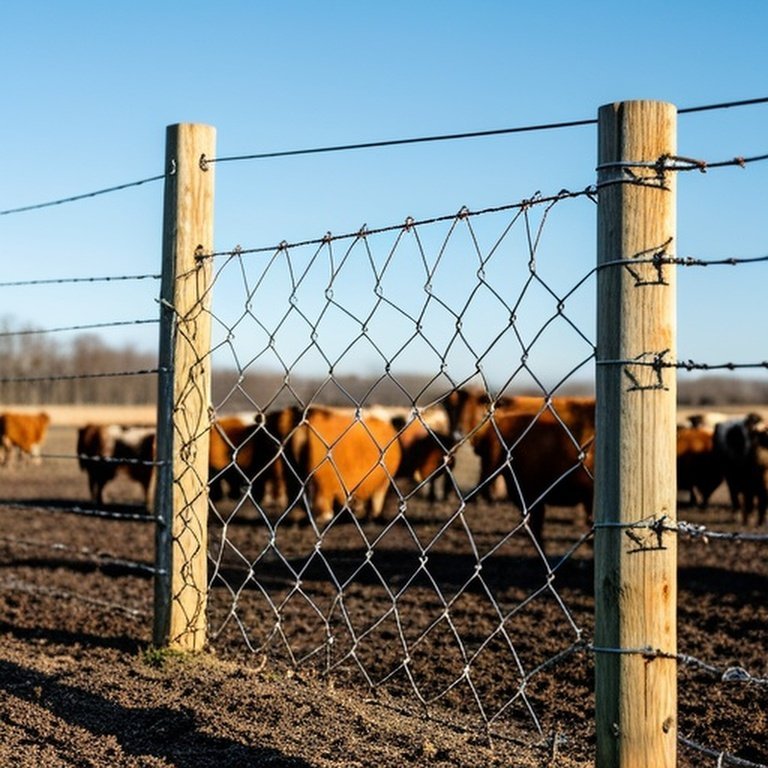 Welded wire mesh fence in rural pasture with sagging section and cattle pressure points