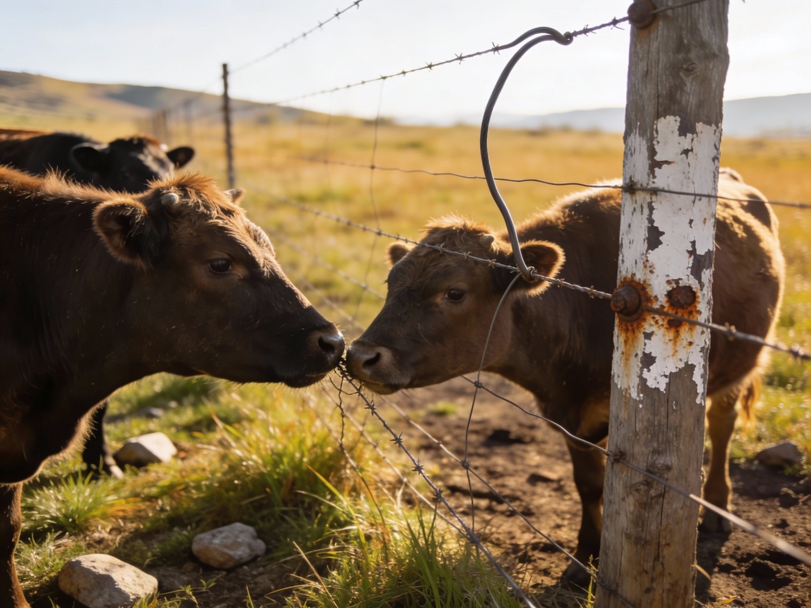 Cattle at fence boundary in working ranch environment