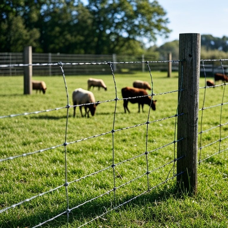 Sunny-day farm pasture with perimeter and interior fencing for rotational grazing, livestock grazing calmly
