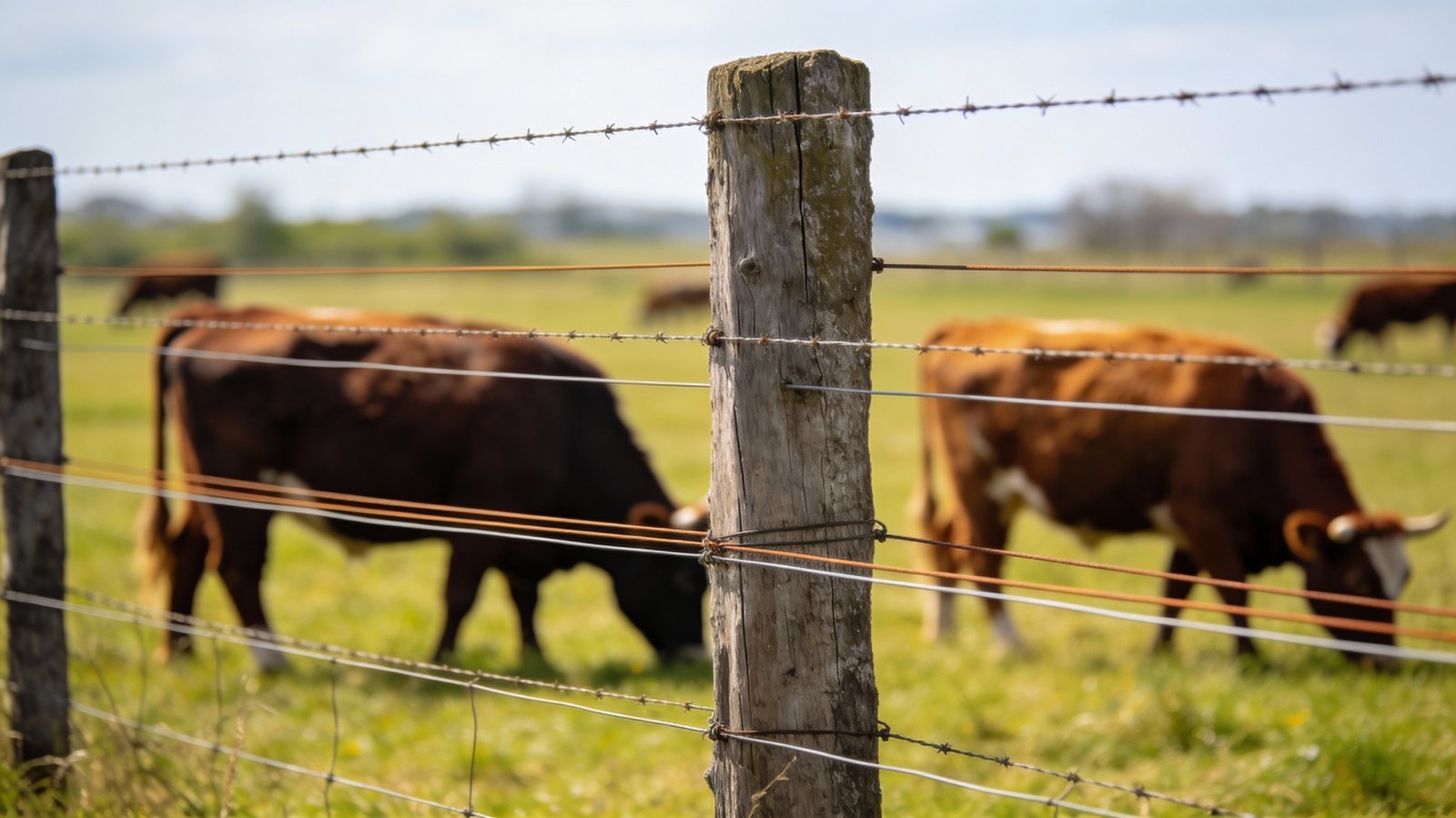 Cattle grazing behind traditional wire fence in rural pasture