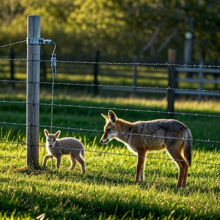 Realistic documentary-style photograph of agricultural perimeter fence for livestock with predator deterrent features, showing a young lamb grazing and a coyote attempting to breach, illustrating effective predator control system in a sunlit pasture