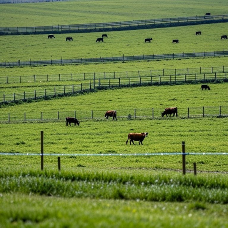 Realistic pastoral farm landscape illustrating rotational grazing with temporary electric fencing and paddock subdivision