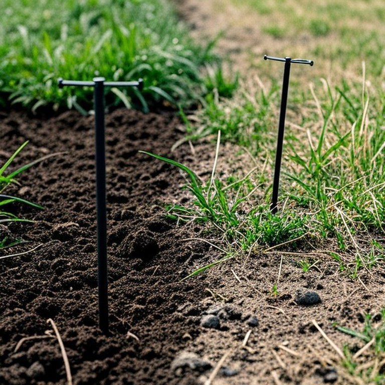 Electric fence ground rods in contrasting agricultural soils for grounding performance analysis Realistic documentary-style photograph of two electric fence ground rods in contrasting agricultural pasture soils—one in moist dark loam with healthy vegetation, the other in dry light sandy soil with sparse grass—highlighting texture and conductivity differences affecting grounding performance