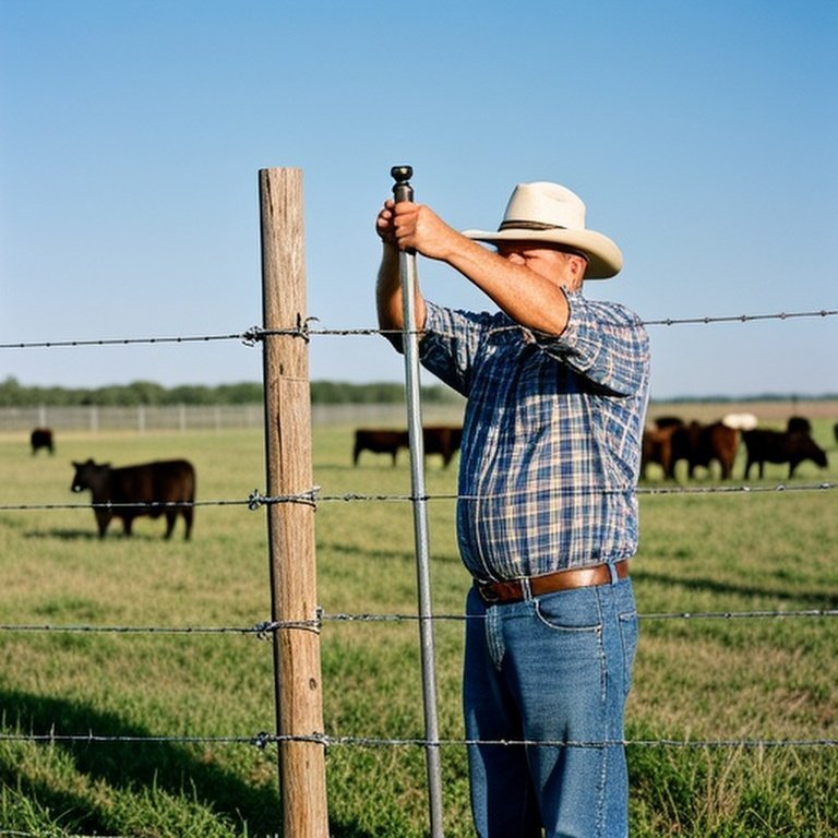 Farmer performing routine fence maintenance by adjusting tension on galvanized woven wire fence in a sunny agricultural field with grazing livestock