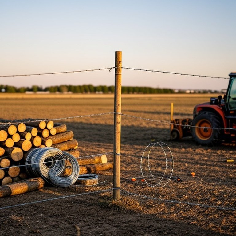 Realistic documentary-style photo of agricultural field fence installation in progress with materials and labor