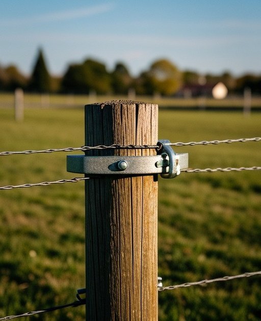 Close-up of a fence post in an outdoor agricultural pasture with natural daylight, showing the post material texture, tightly attached wire/rail, metal bracket, and hardware connection point