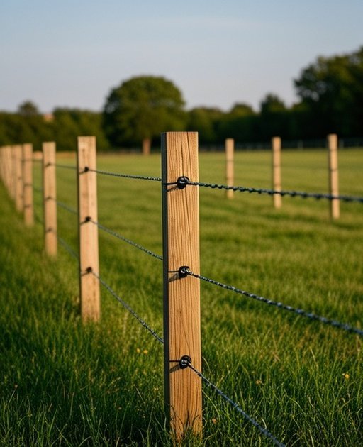 Rural agricultural pasture fence system with evenly spaced pressure-treated wooden posts, three high-tensile galvanized wire strands, lush green pasture grass, and distant tree line in the background, showcasing functional and aesthetic agricultural fencing elements.