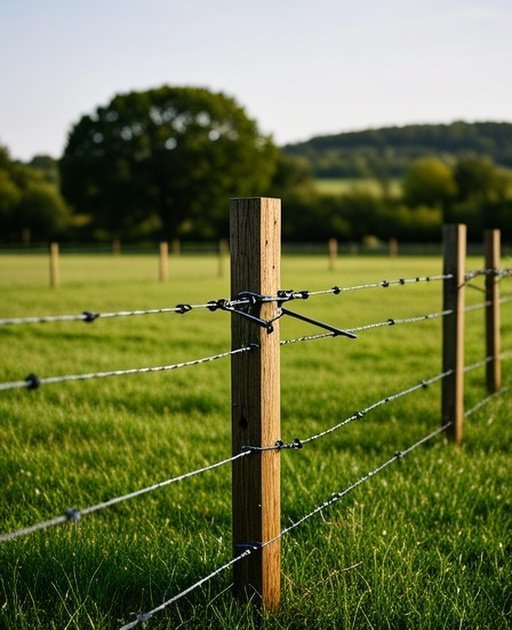 Diagonal agricultural fence system in rural pasture with pressure-treated wood posts, high-tensile galvanized wire, and black insulators, following Terrain & Soil Considerations Guide, featuring lush green grass and distant tree line.
