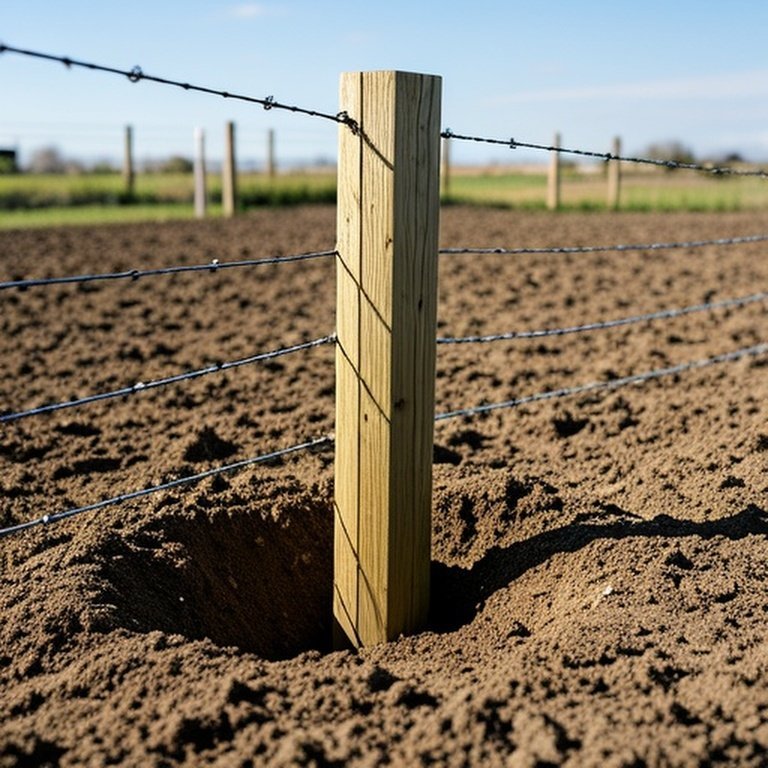 Realistic documentary-style photograph of a wooden fence post installed in a farm field, with approximately one-third buried underground for stability, showcasing proper installation for structural integrity against livestock pressure