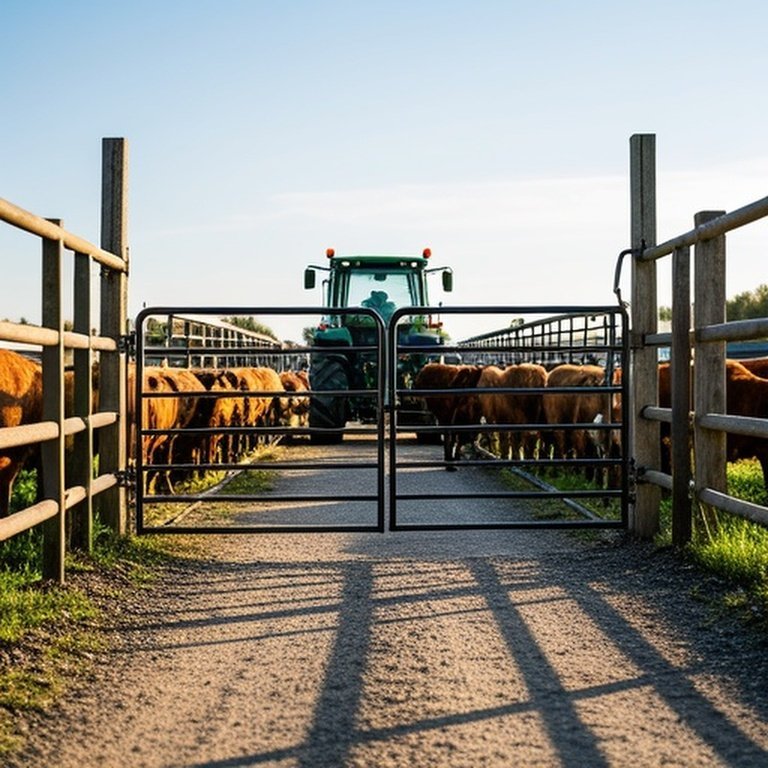 Agricultural fence system with reinforced metal gate and livestock flow demonstration