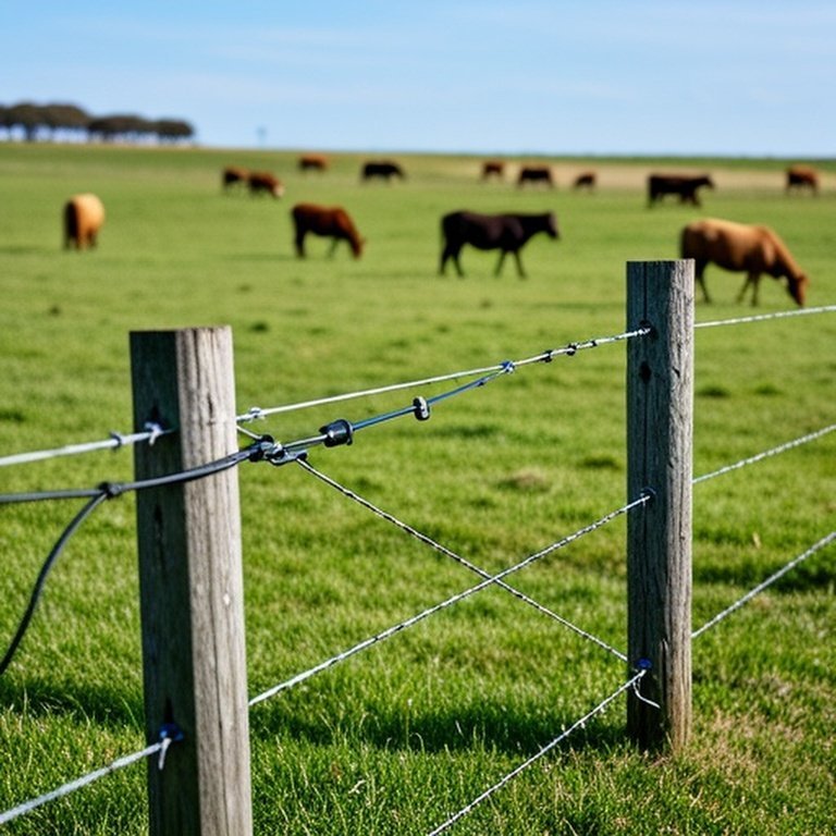 Realistic documentary-style farm photograph of a field with existing wooden post perimeter fence and newly installed electric cross fencing (polytape/polywire), showcasing scalable grazing system with distant cattle grazing in managed paddocks