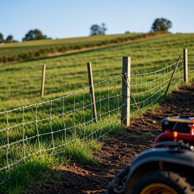 Documentary-style photo of grassy hillside with woven wire fence installed by racking method for agricultural fencing
