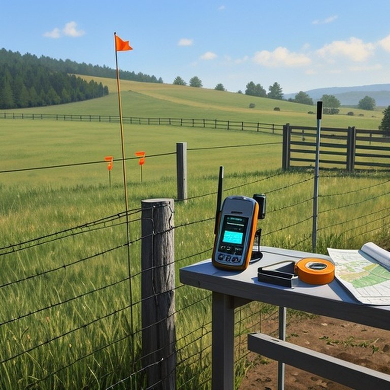 Agricultural land measurement scene with fenced pasture, boundary markers, and surveying tools
