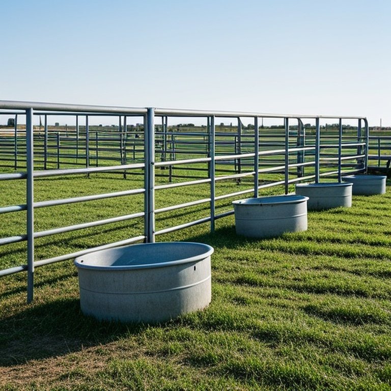 Documentary-style photograph of a cattle pasture with expandable fencing and infrastructure for herd expansion