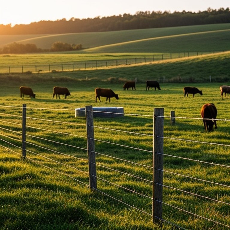 Rural farm pasture with rotational electric cross fencing system during golden hour, showing cattle grazing and livestock-environment harmony