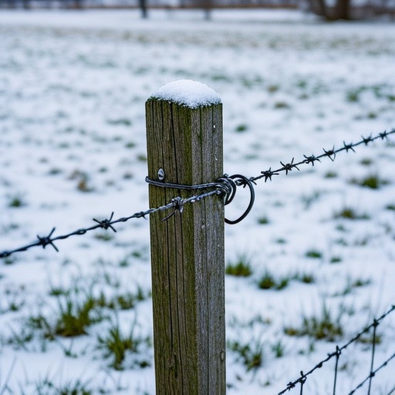 High-tensile wire fence in winter pasture with snow-covered ground, wooden posts and inline tensioners