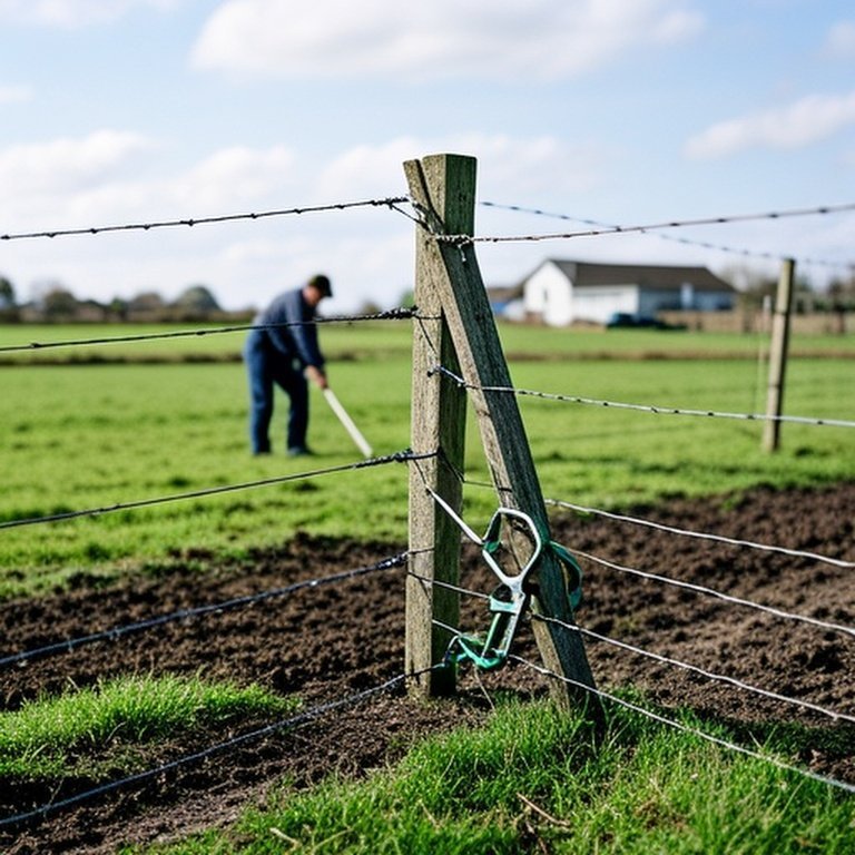 Realistic documentary-style photo of rural farm fence section repair with leaning post, sagging wire, and farmer using fence stretcher in distance under natural daylight