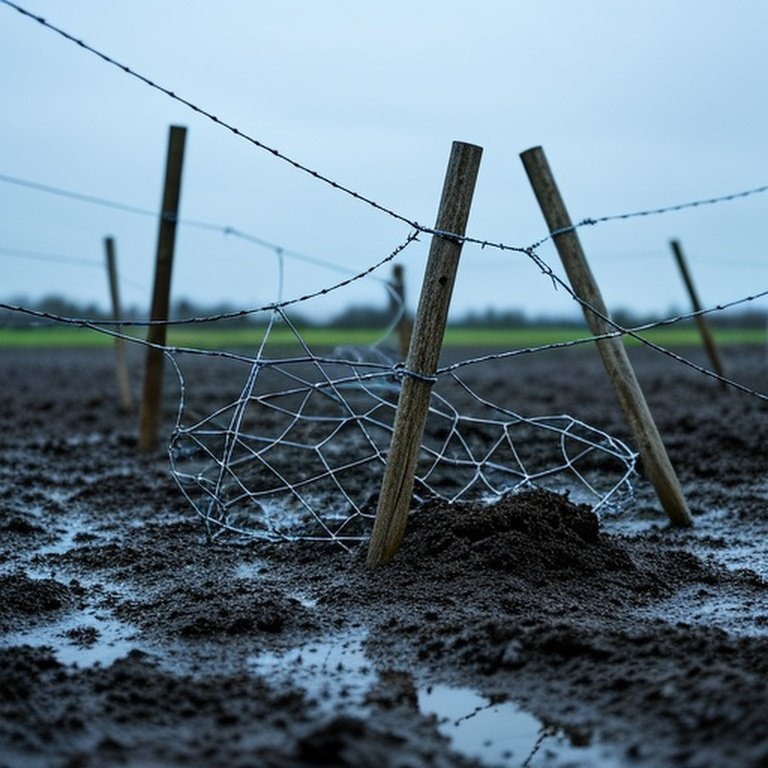 Fallen livestock wire fence after heavy rain showing storm damage and repair context