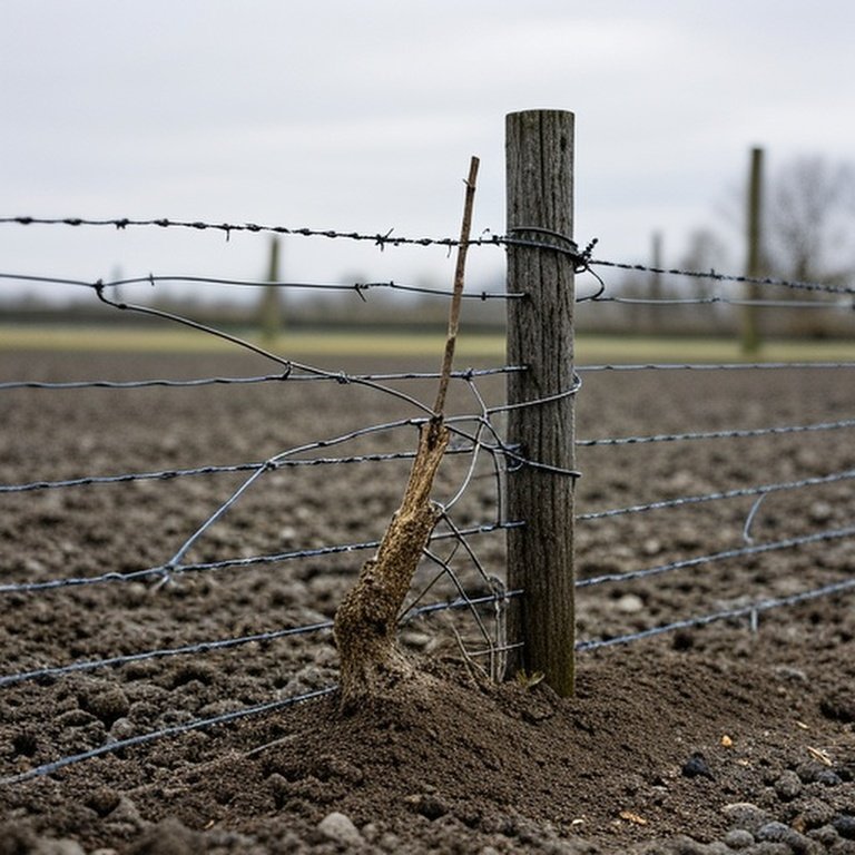 Realistic agricultural scene after storm showcasing subtle damage to woven wire fence